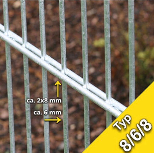 Dubbelstaafmat 8-6-8 met Punten – 251 cm Breed – Hoogte 63–243 cm – Verzinkt of RAL Kleuren